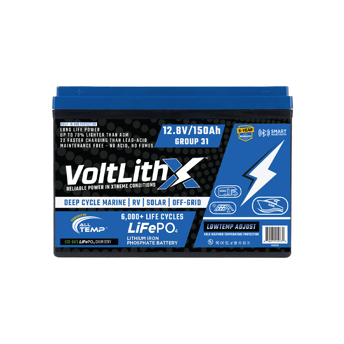 VoltLithX 12.8V 150Ah Group 31 LiFePO4 Deep Cycle Battery