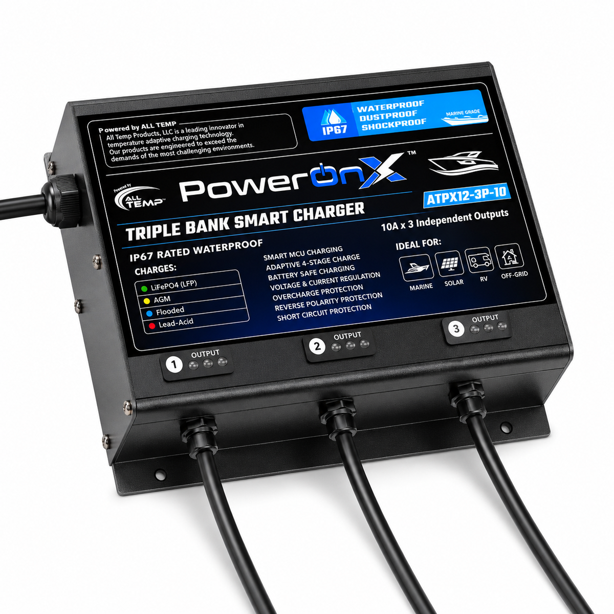 PowerOnX 12V 10A 3 Bank Marine Battery Charger