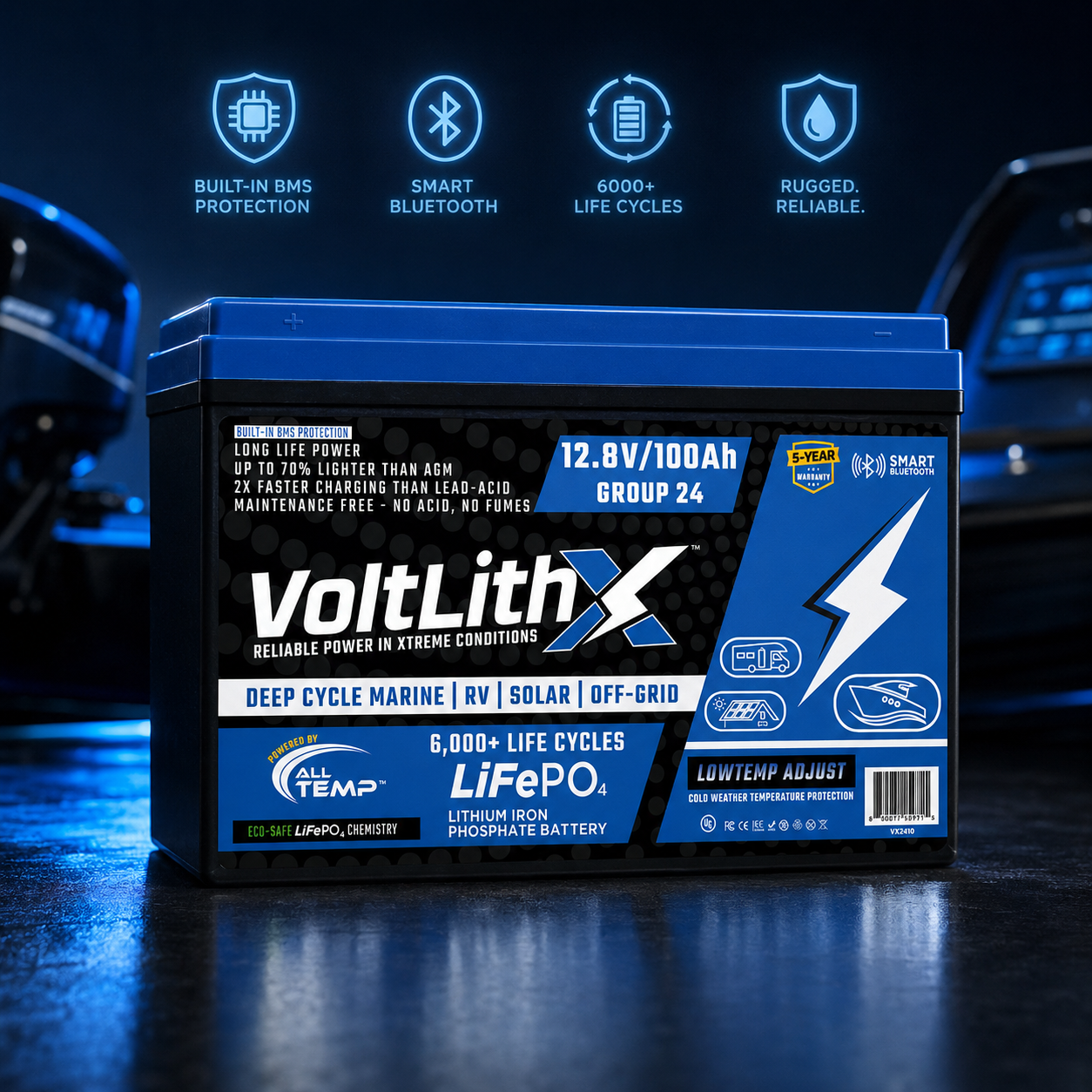 VoltLithX 12.8V 100Ah Group 24 LiFePO4 Deep Cycle Battery